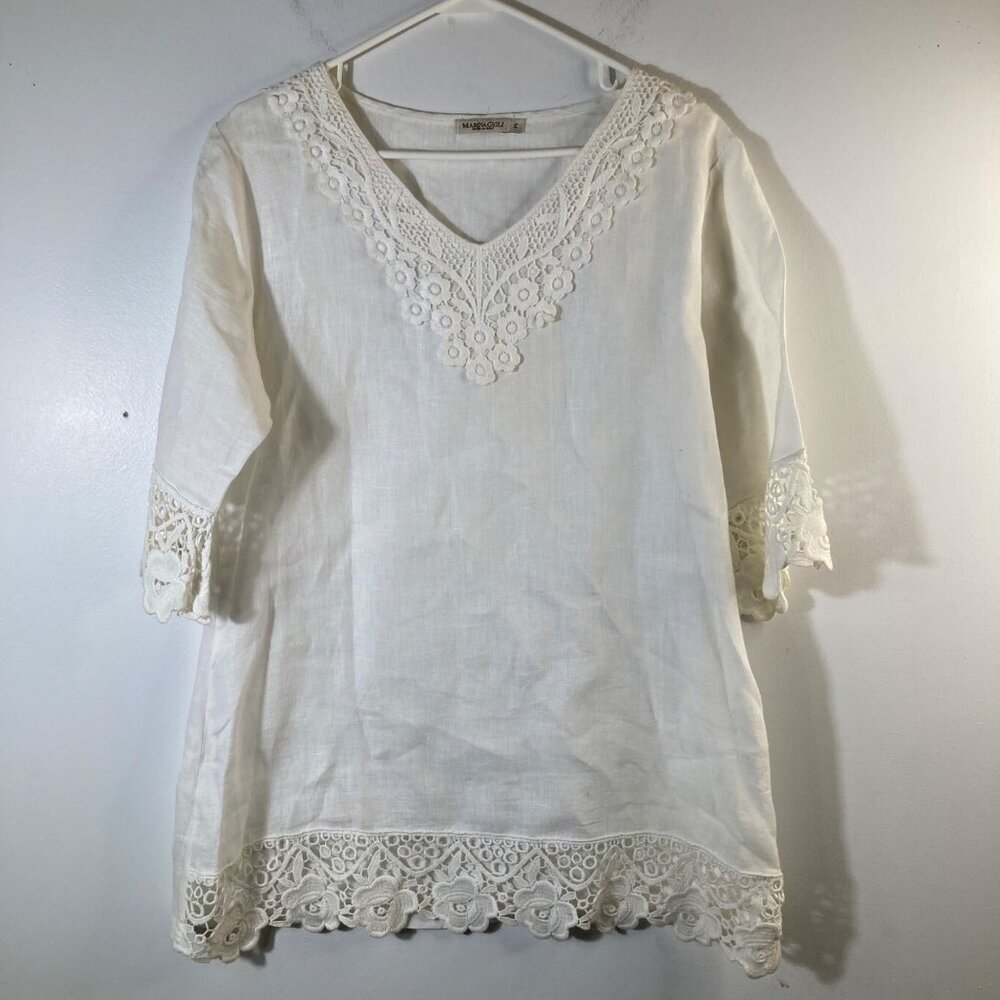 Womens Marina Gigli Linen Embroidered Tunic‎ V Neck White M Made In Italy
